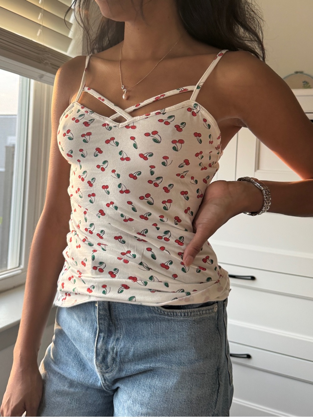 Cream Cherry-Print Strappy Cami